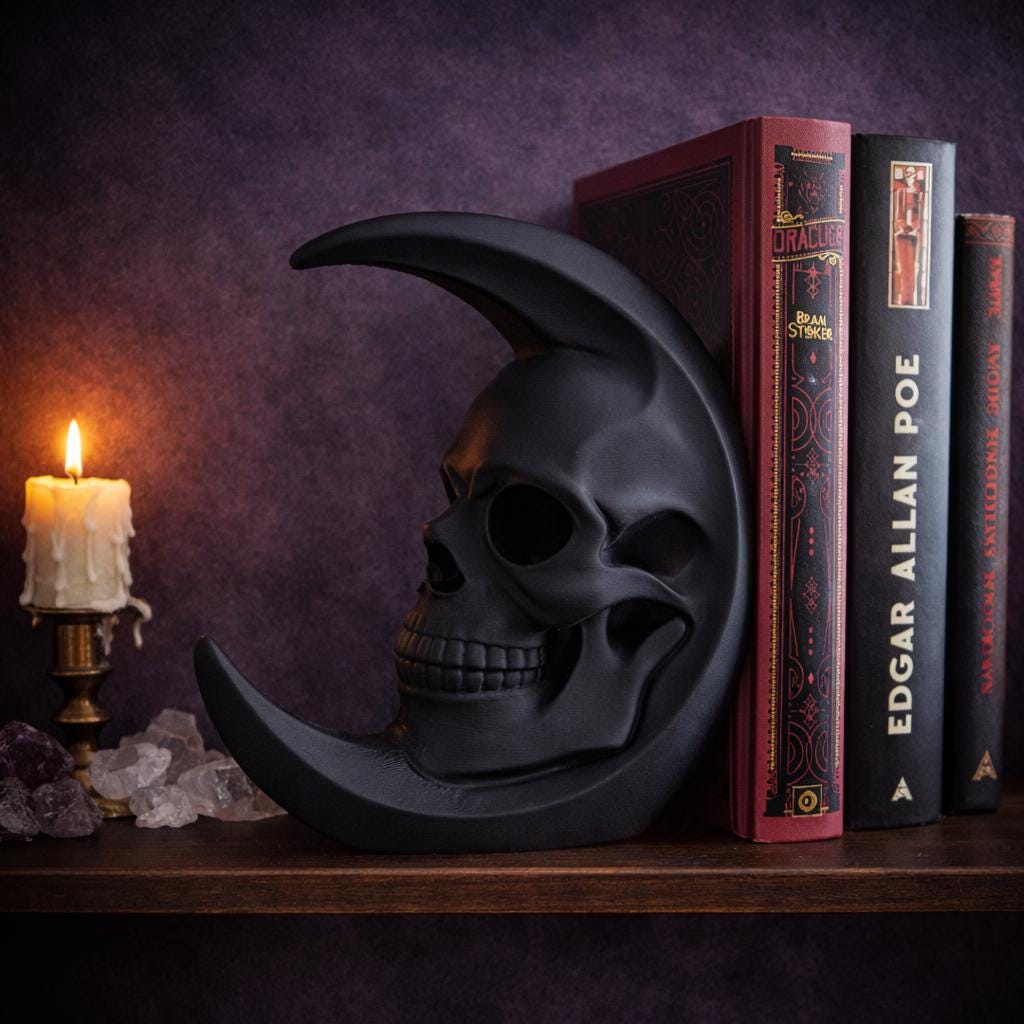 Gothic Skull Bookend | Crescent Moon Book Holder | Dark Academia Decor | Gothic Bookshelf Decor | Moon Skull Home Accent