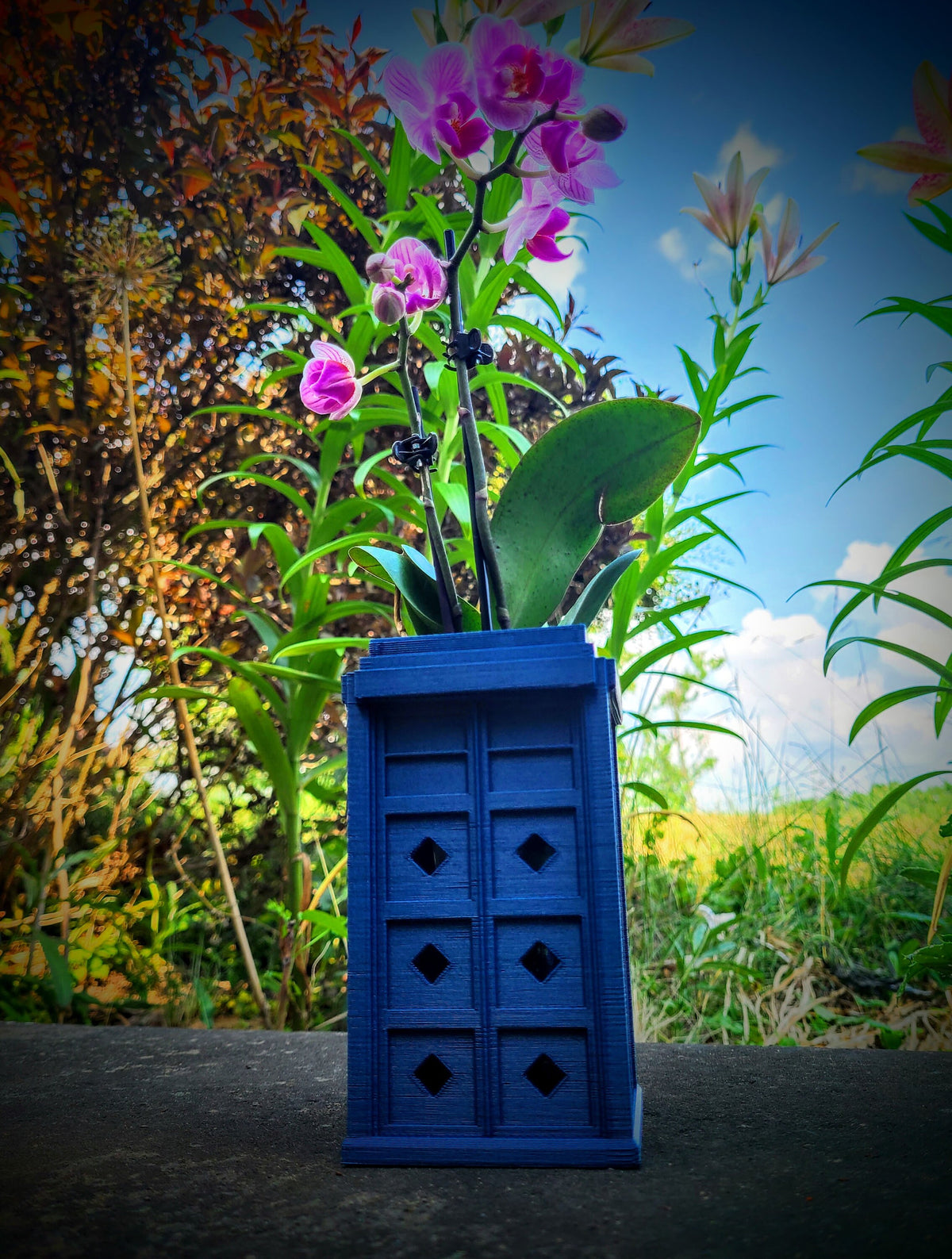 Blue police-box-shaped orchid pot with diamond ventilation holes — image 3 of 5