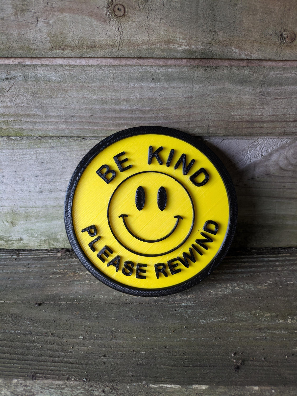 Be Kind Please Rewind Sign – 90s VHS Retro Video Store Smile Badge – 3D Printed Decor, product image 3