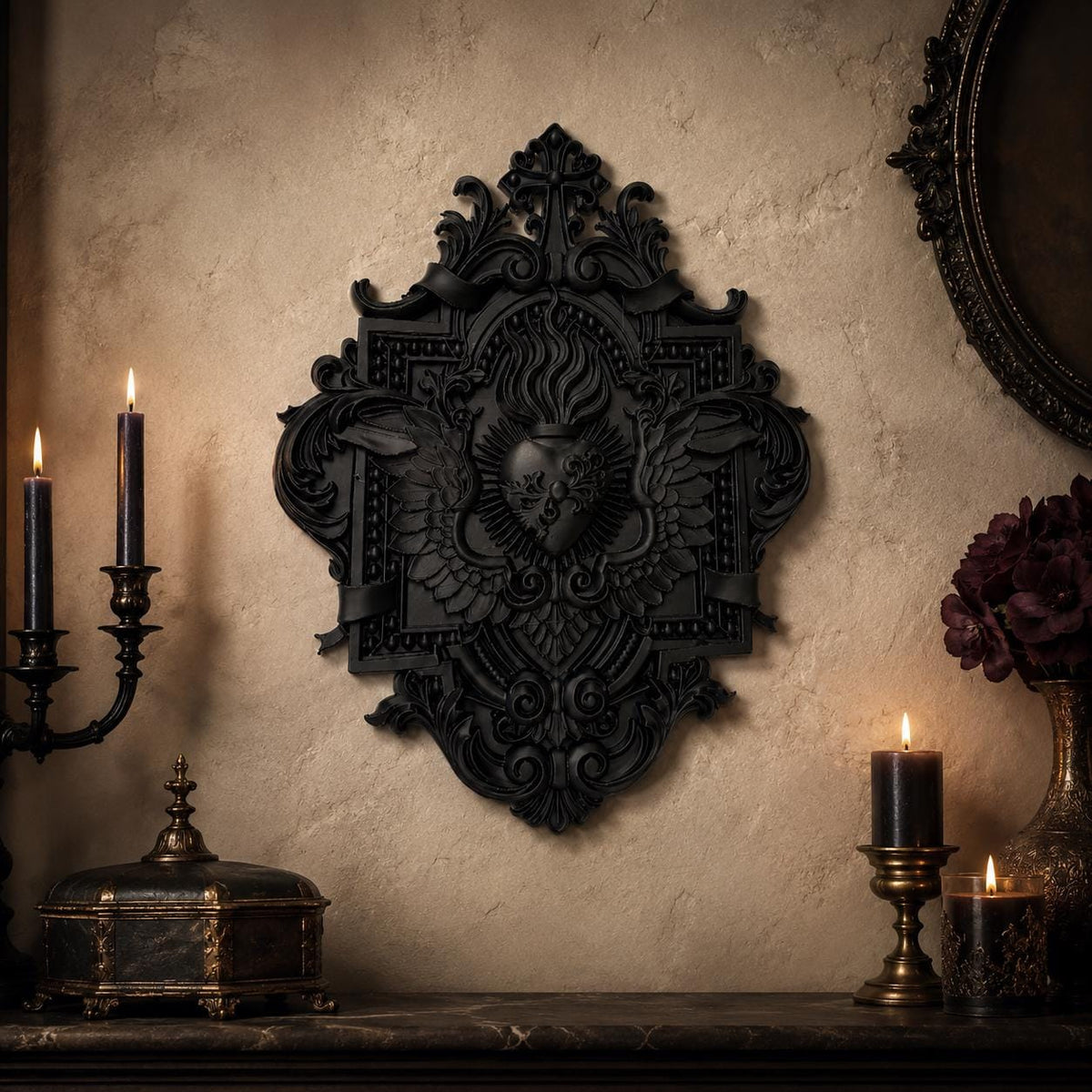 Celestial Plaque Gothic Wall Decor, Black Sacred Heart Wall Plaque, Ornate Baroque Dark Home Decor, Victorian Gothic Wall Art, product image 1