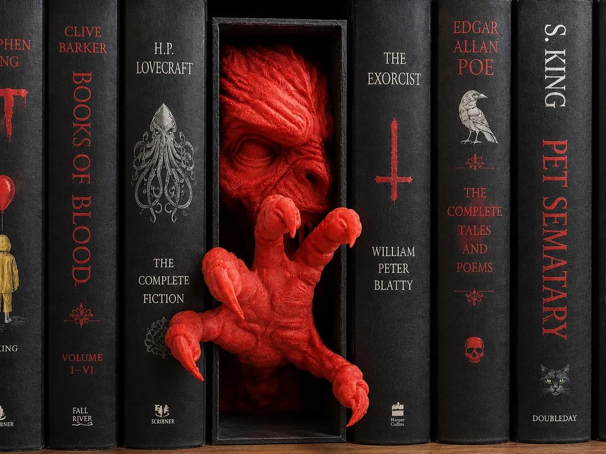 Red demon face and claw emerging from a black book nook between books