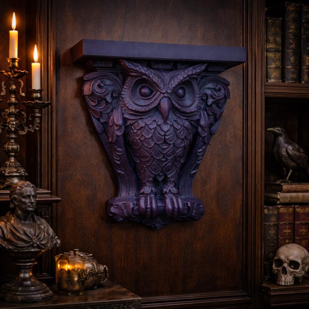 Purple Gothic owl wall corbel shelf with ornate feather detail — image 3 of 3