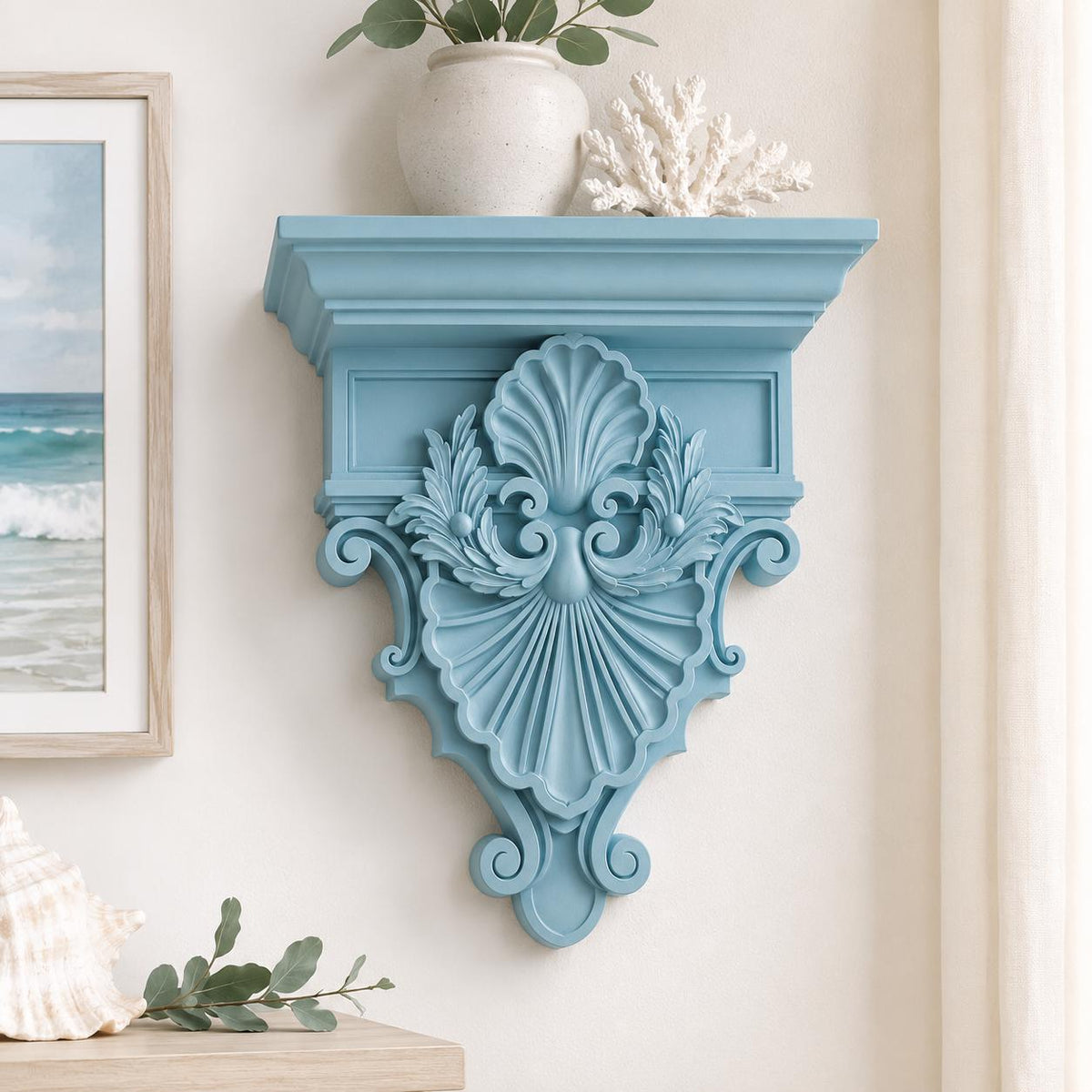 Oceanus Corbel Light Blue Wall Shelf, Coastal Seashell Wall Corbel, Ornate Beach House Decor, Nautical Shell Shelf, Coastal Wall Decor, product image 1