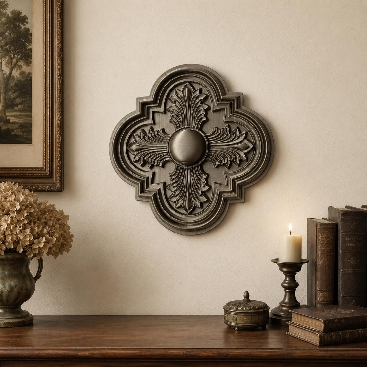 Gothic Wall Medallion, Ornate Quatrefoil Wall Decor, Victorian Floral Wall Accent, Dark Academia Decor, Antique Style Wall Art, product image 1