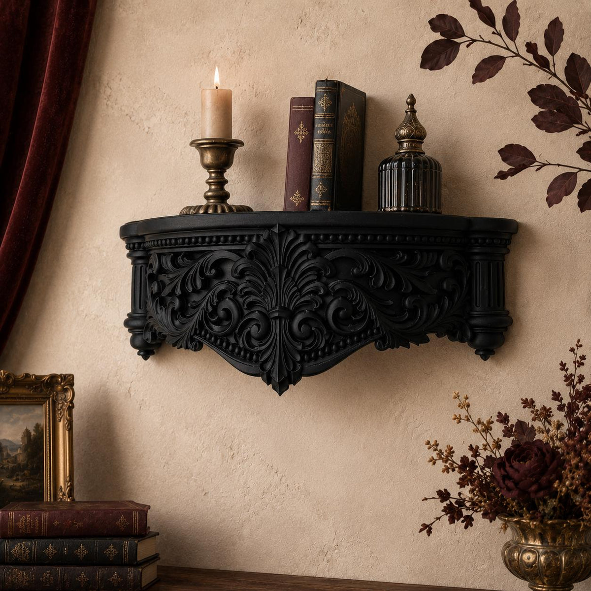 Ornate black Gothic wall shelf with baroque scrollwork — image 3 of 3