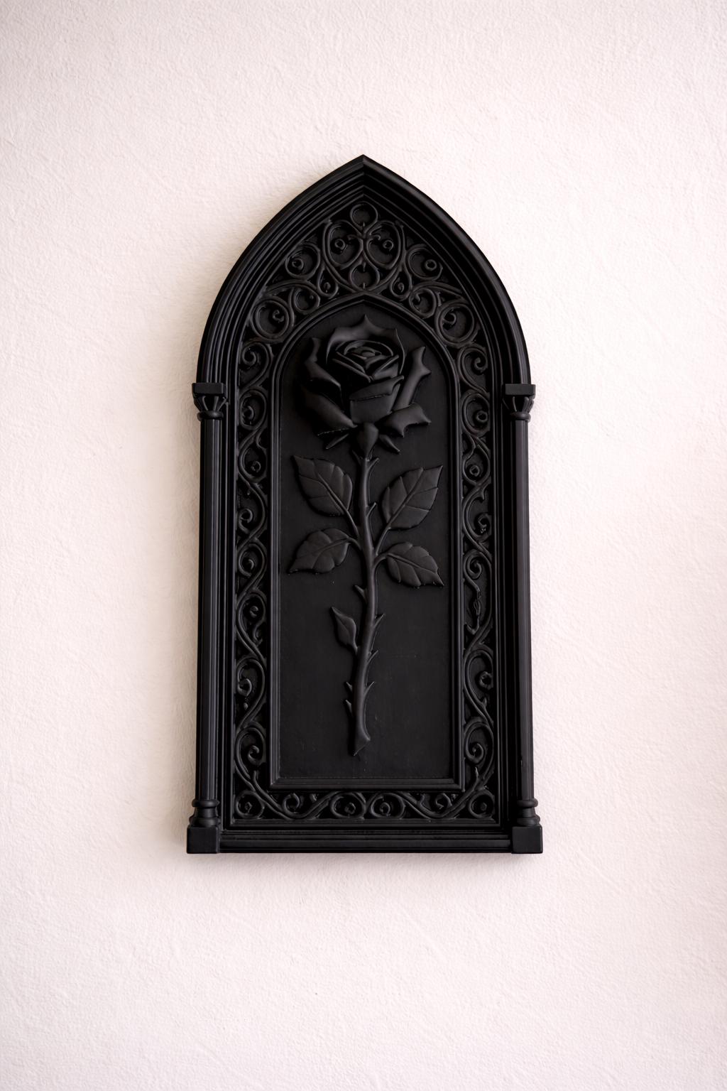 Black Gothic rose wall plaque in a pointed cathedral arch — image 3 of 3