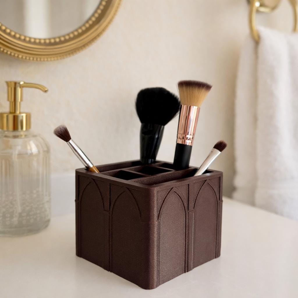 Modern Gothic Square Makeup Organizer | 5 Compartment Vanity Gothic Bathroom Storage Makeup Brush Organizer Countertop Cosmetic Holder