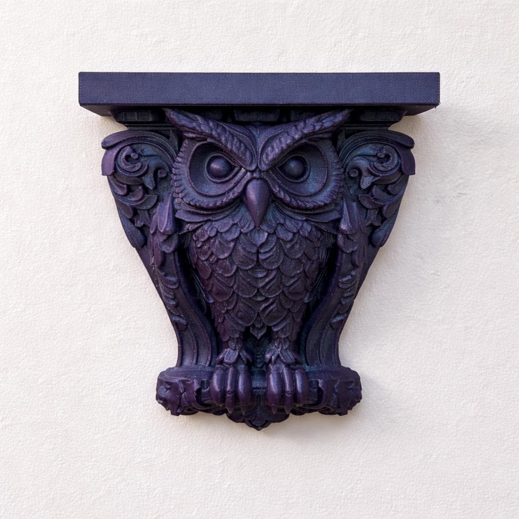 Purple Gothic owl wall corbel shelf with ornate feather detail — image 2 of 3