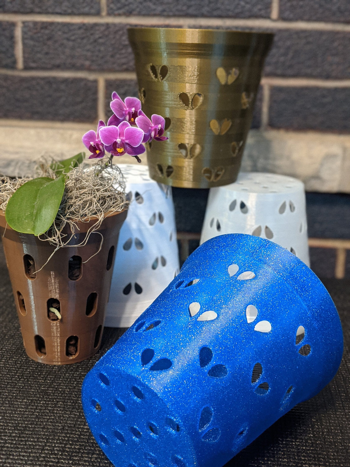 Blue heart-hole orchid pot liner lying beside bronze, white, and brown pots with a small purple orchid