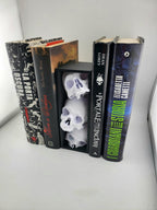 Angled view of the skull book nook and surrounding books
