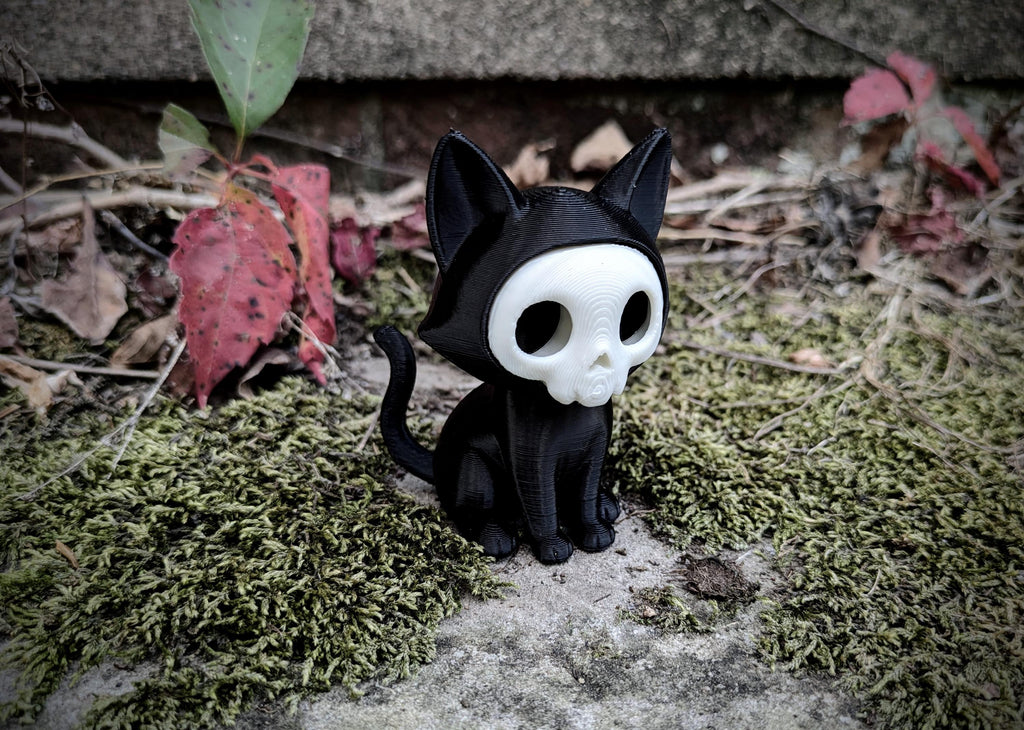 Spooky Cute Skeleton Cat Figurine – 3D Printed Gothic Decor, Halloween Gift, Creepy Cute Collectible