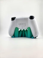 Rear view of PS5 controller on teal-green crystal stand; pictured color example, controller excluded