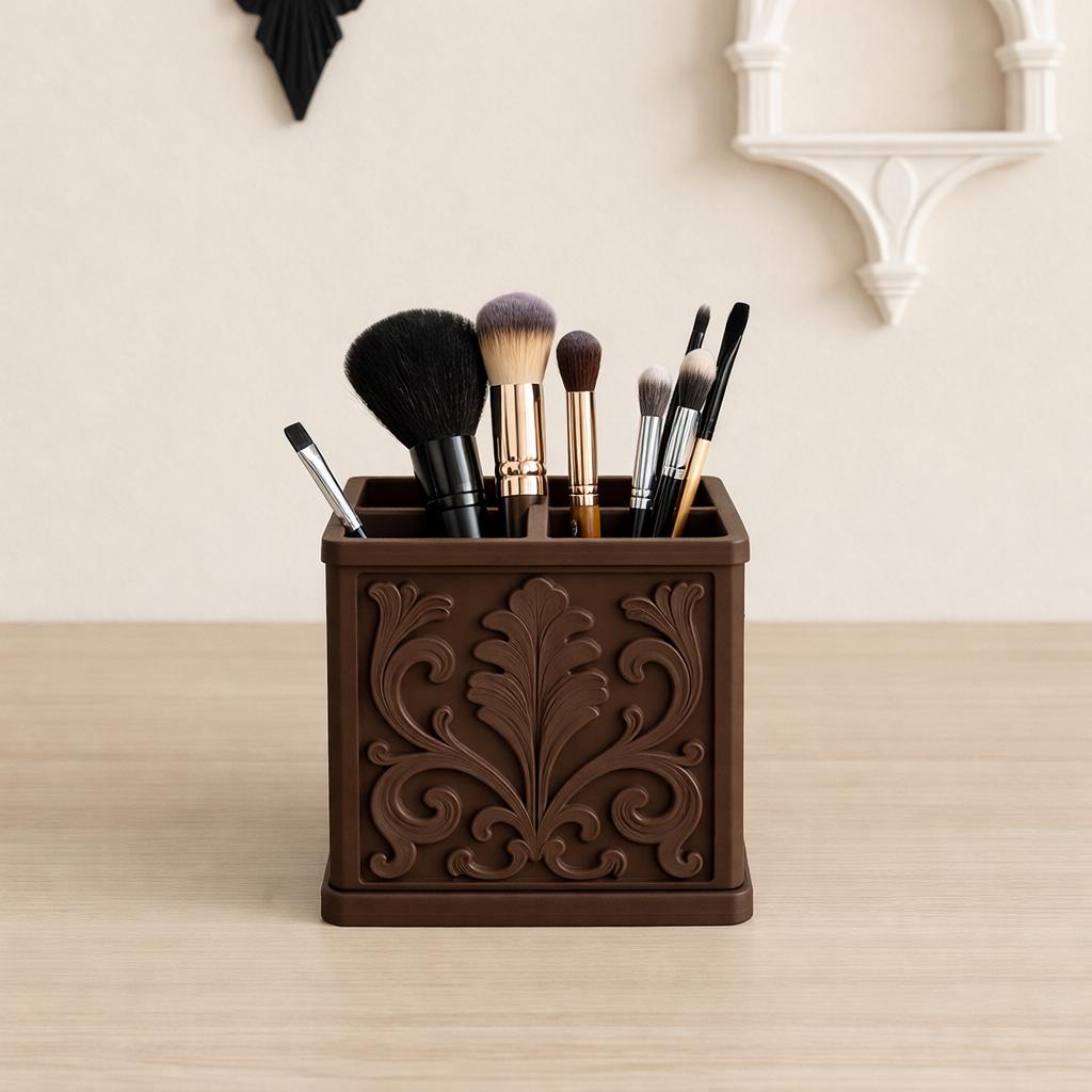 Baroque Floral Makeup Brush Holder – Brown Vanity Organizer, Pen & Pencil Caddy, Vintage-Inspired Bathroom or Desk Decor, product image 1