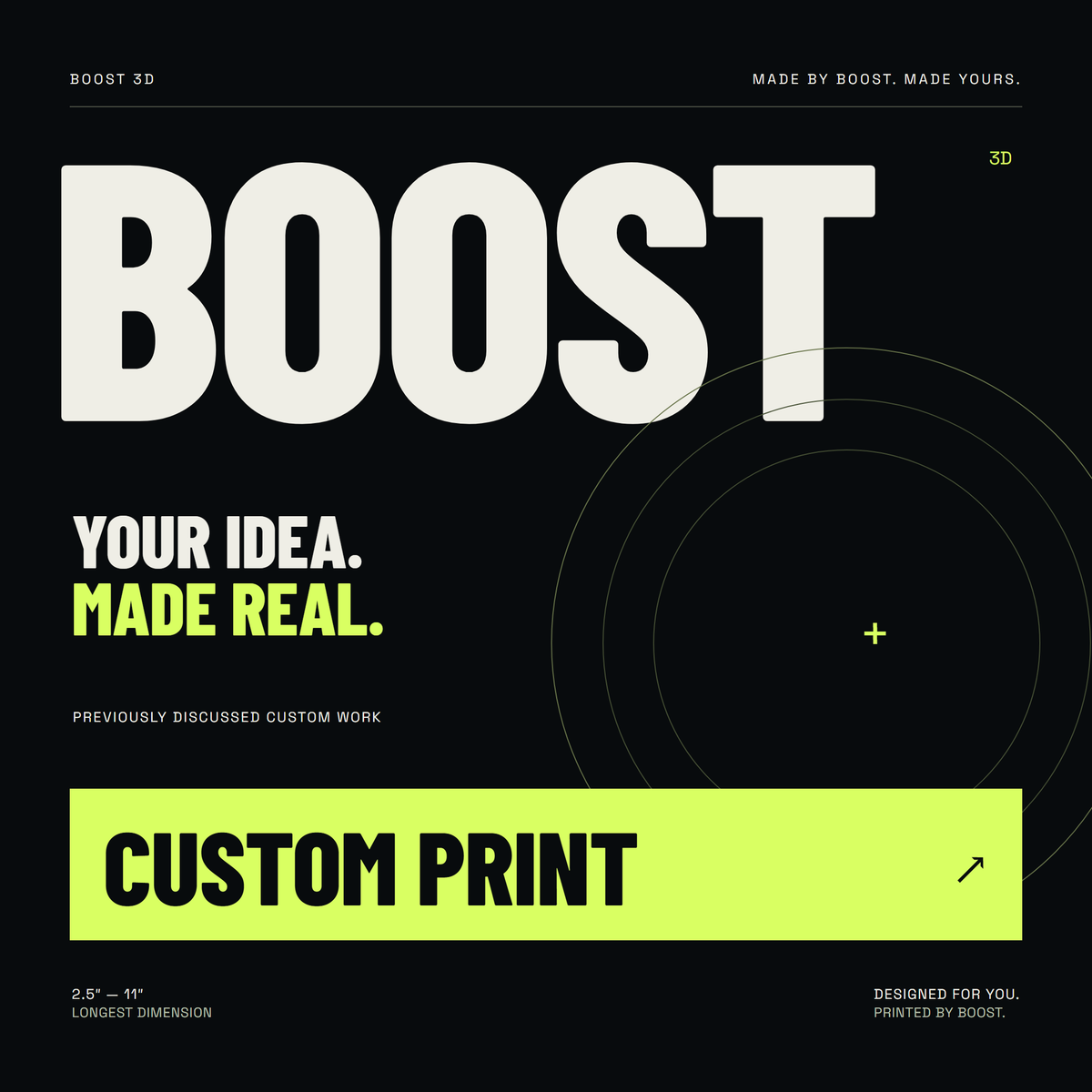 Boost 3D custom print — previously discussed work, 2.5 to 12 inches along the longest dimension