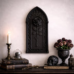 Black Gothic rose wall plaque in a pointed cathedral arch — image 1 of 3
