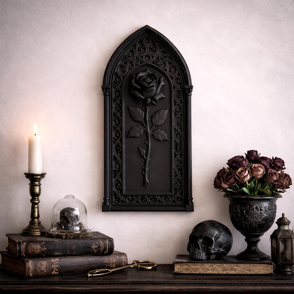 Black Gothic rose wall plaque in a pointed cathedral arch — image 1 of 3