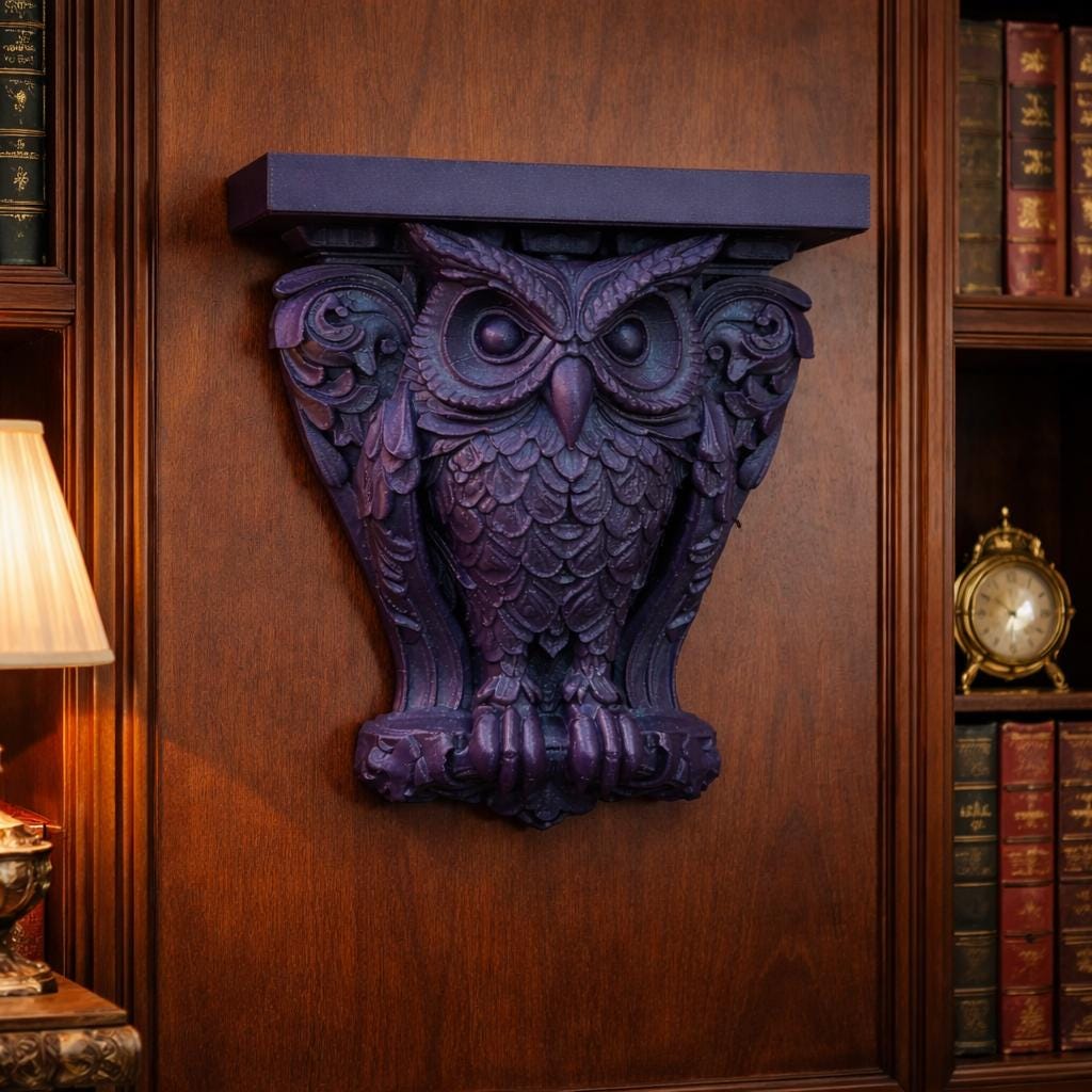 Purple Gothic owl wall corbel shelf with ornate feather detail — image 1 of 3