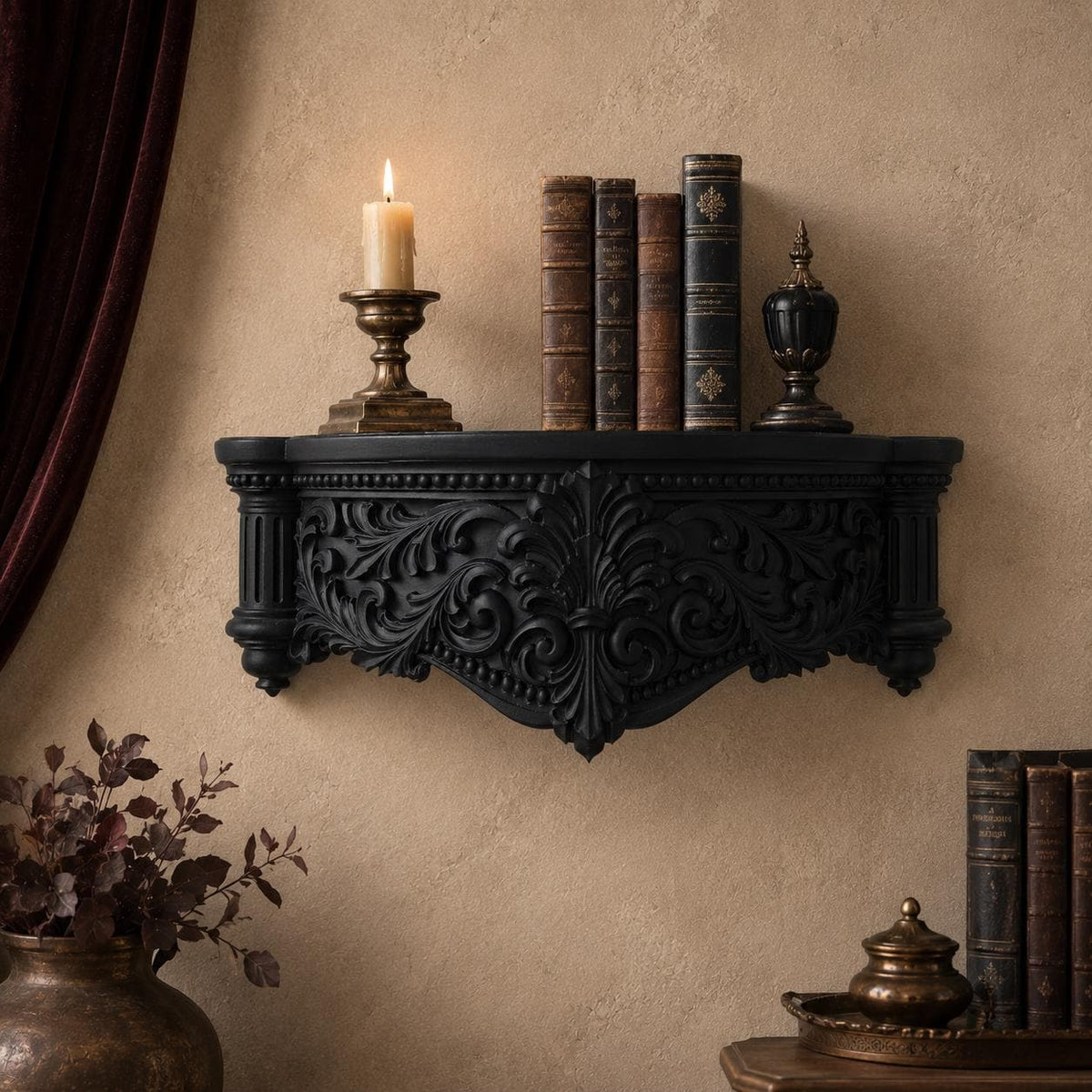 Ornate black Gothic wall shelf with baroque scrollwork — image 1 of 3