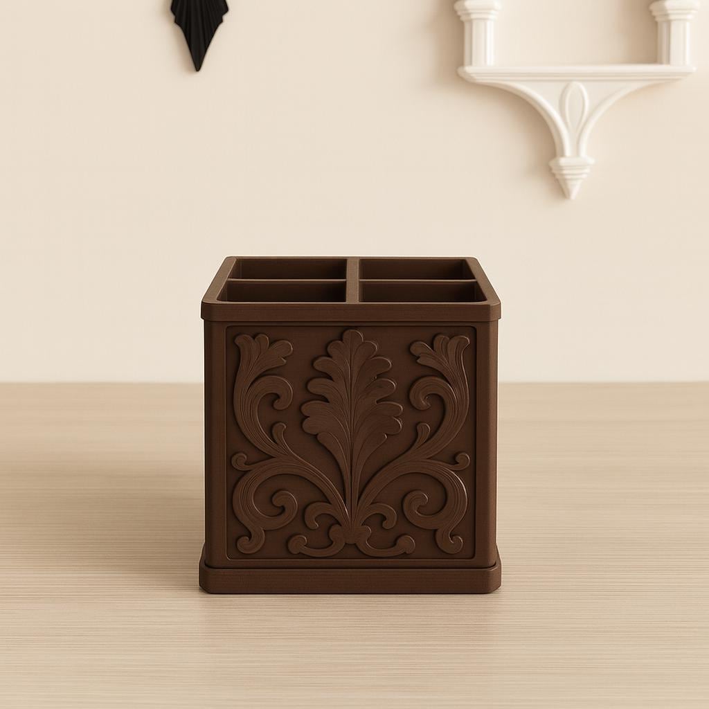 Baroque Floral Makeup Brush Holder – Brown Vanity Organizer, Pen & Pencil Caddy, Vintage-Inspired Bathroom or Desk Decor, product image 3