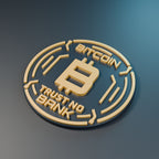 Angled computer-generated render of the Bitcoin Orbit medallion showing raised circuit-like rings, lettering and a dark rim.