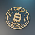 Computer-generated render of the Bitcoin Orbit medallion with raised circuit-like rings, a Bitcoin symbol and Trust No Bank lettering.