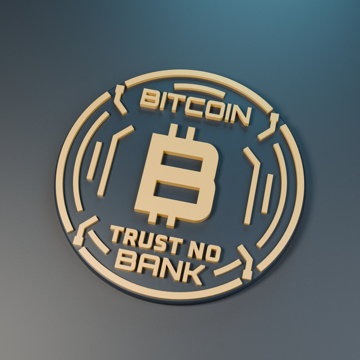 Computer-generated render of the Bitcoin Orbit medallion with raised circuit-like rings, a Bitcoin symbol and Trust No Bank lettering.
