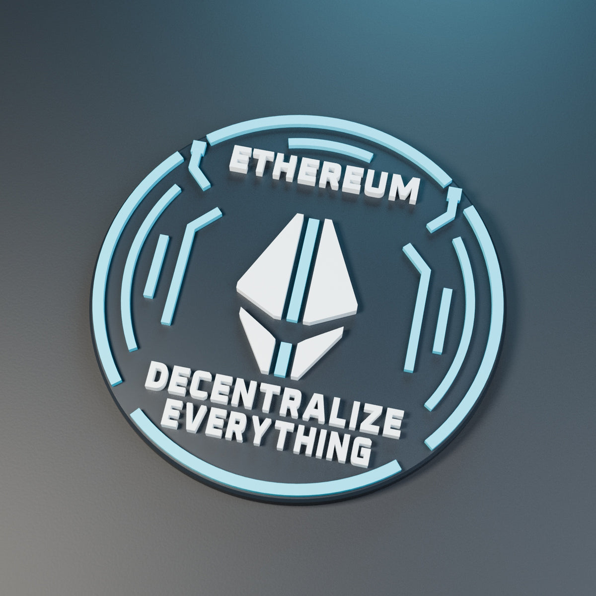 Rendered Ethereum Orbit medallion with cyan-and-white emblem, circuit rings and Decentralize Everything lettering on gray.