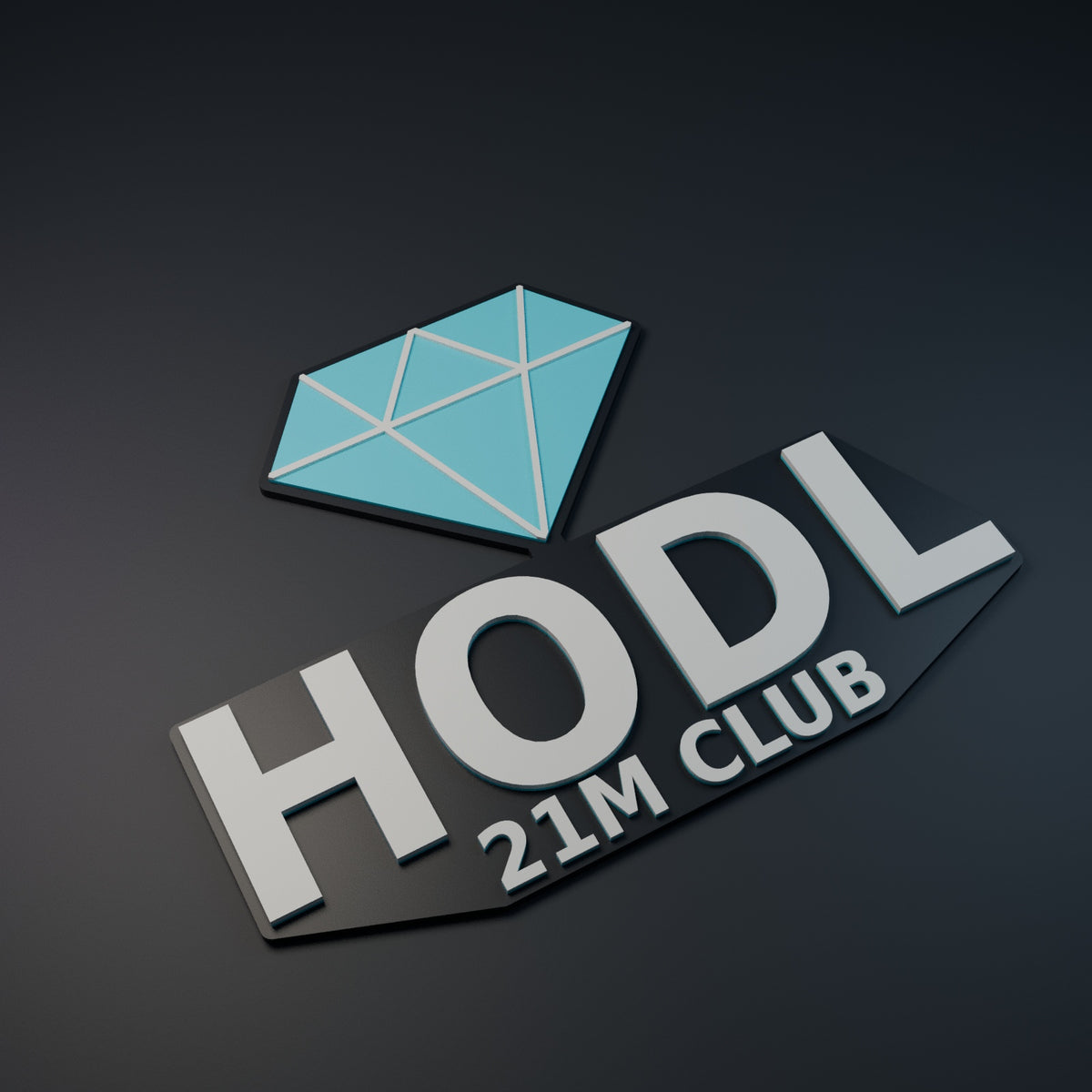 Computer-generated angled detail render of the HODL 21M Club sign, showing its cyan diamond and raised ivory lettering.