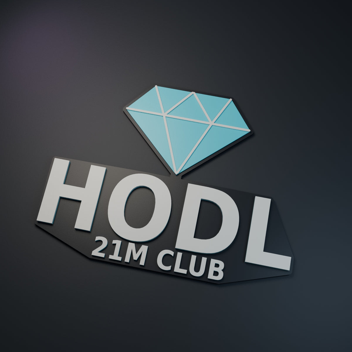 Computer-generated hero render of the HODL 21M Club relief sign with a cyan diamond and ivory lettering on charcoal.