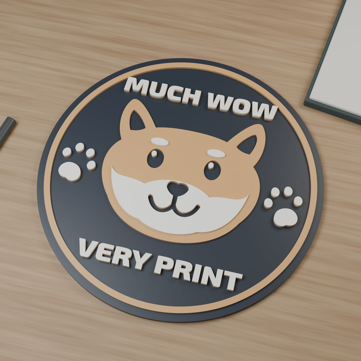 Computer-generated detail render of Much Wow medallion with rounded Shiba-inspired face and paws; charcoal, tan and white.