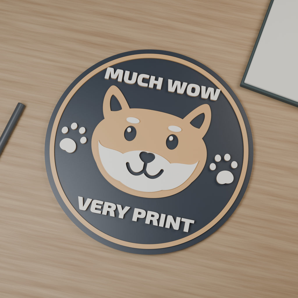 Computer-generated hero render of Much Wow medallion with rounded Shiba-inspired face and paws; charcoal, tan and white.