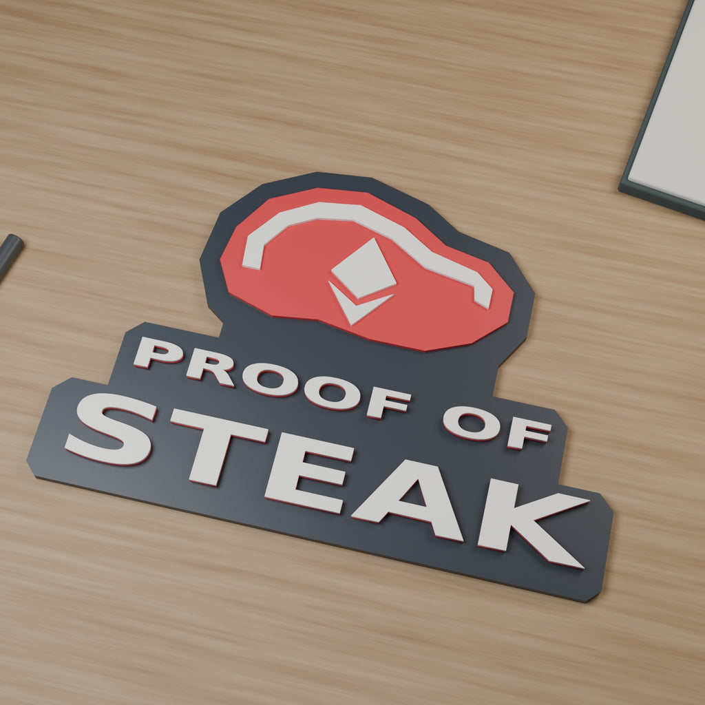 Closer render of the Proof of Steak sign showing a red steak, white diamond emblem and layered charcoal edges.