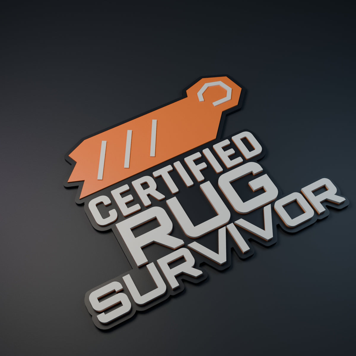 Computer-generated angled view of the Certified Rug Survivor sign with ivory-gray lettering and an orange rug graphic.