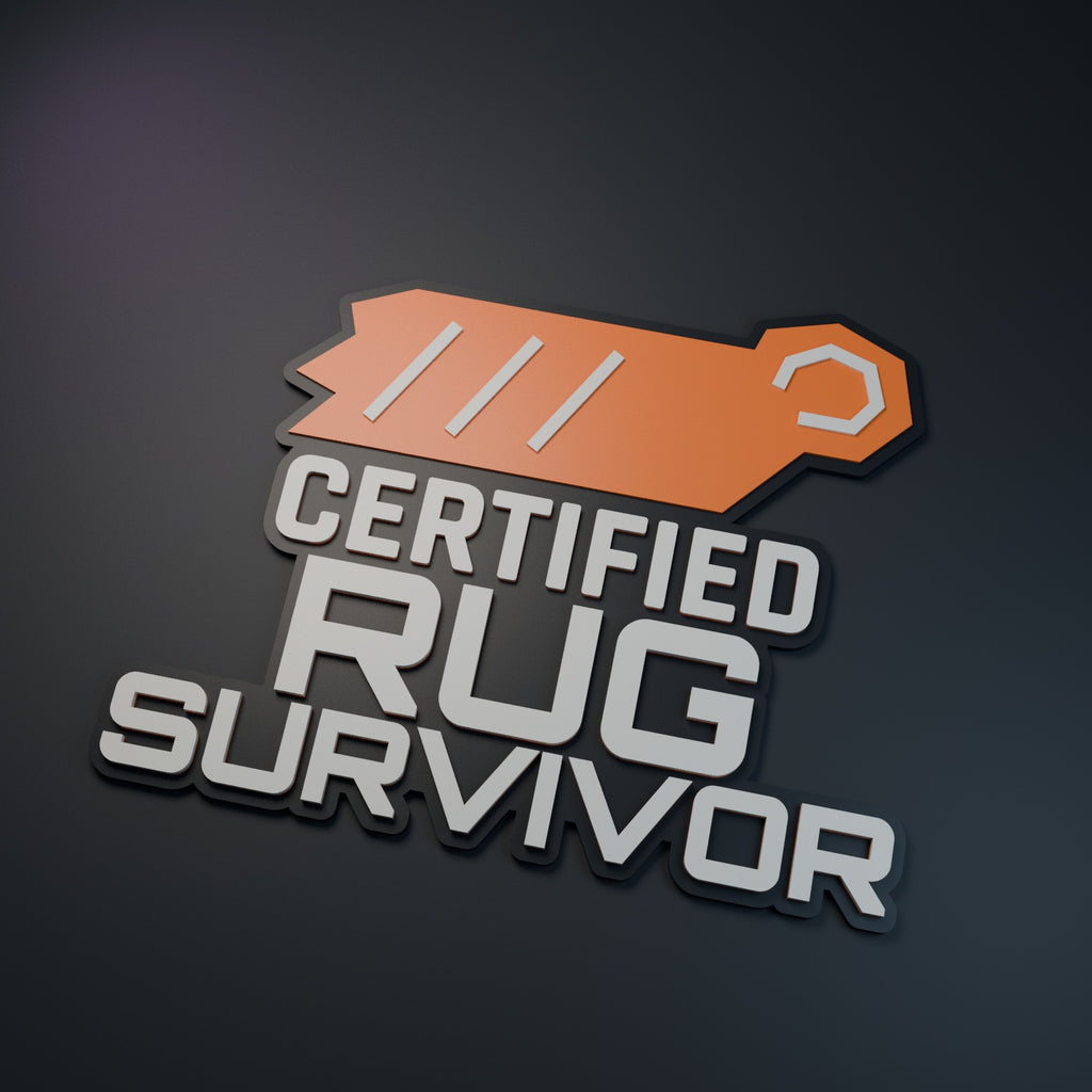 Computer-generated hero render of Certified Rug Survivor decorative sign; charcoal, orange and ivory.