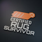 Computer-generated hero render of Certified Rug Survivor decorative sign; charcoal, orange and ivory.