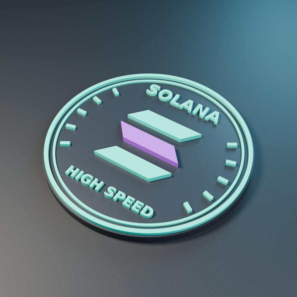 Oblique Solana medallion render showing raised mint lettering, a purple-and-mint emblem and the thick rim.