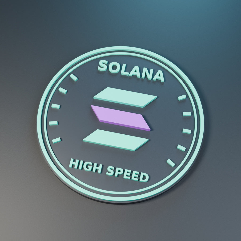Computer-generated Solana medallion render with mint edging, purple-and-mint emblem and HIGH SPEED lettering.
