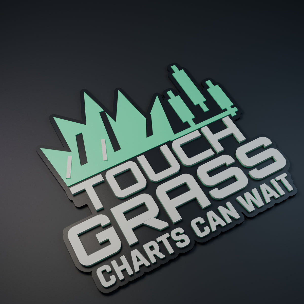Computer-generated detail render of Touch Grass Charts Can Wait relief sign; charcoal, green and ivory.