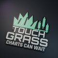 Computer-generated hero render of Touch Grass Charts Can Wait relief sign; charcoal, green and ivory.