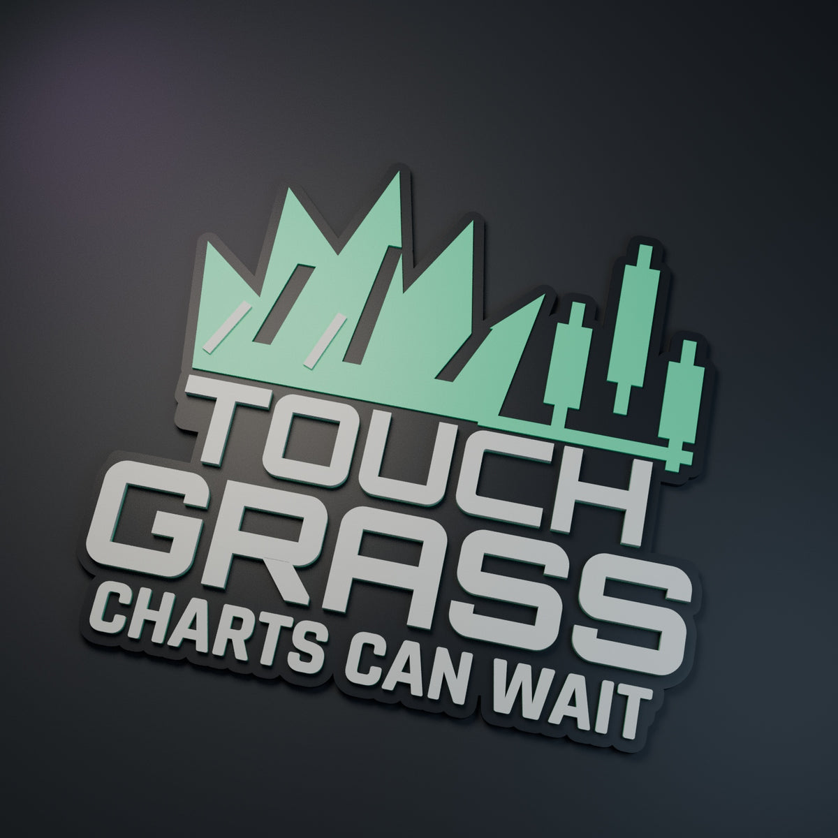 Computer-generated hero render of Touch Grass Charts Can Wait relief sign; charcoal, green and ivory.