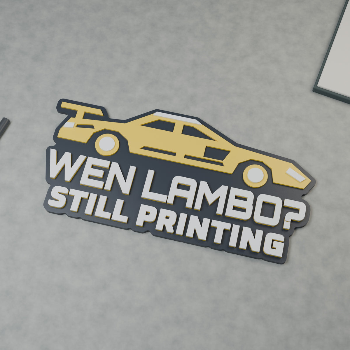 Computer-generated closer render of the WEN LAMBO? STILL PRINTING sign showing a yellow car and layered white lettering.