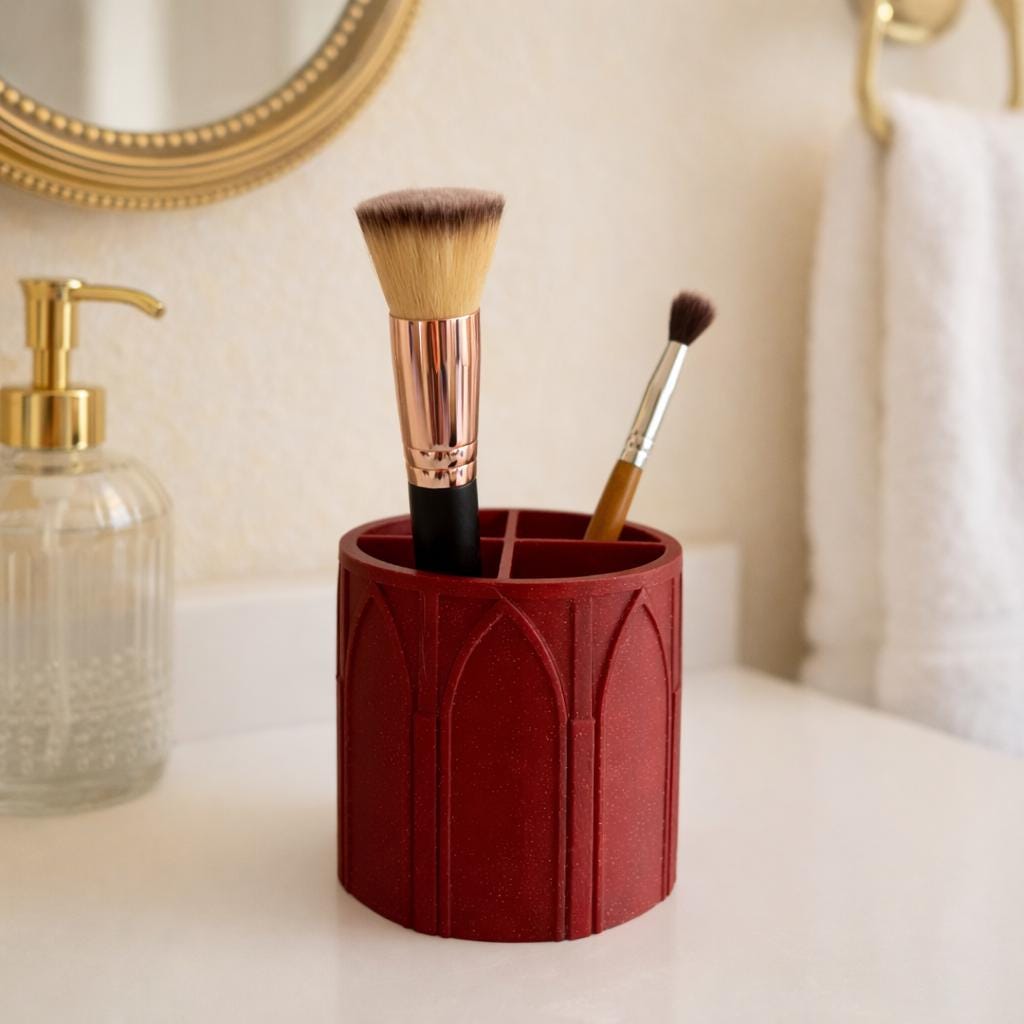 Modern Gothic Circular Makeup Organizer | Cathedral Arch Vanity Holder | Gothic Bathroom Decor | Makeup Brush Holder Alternative Home Accent, product image 1