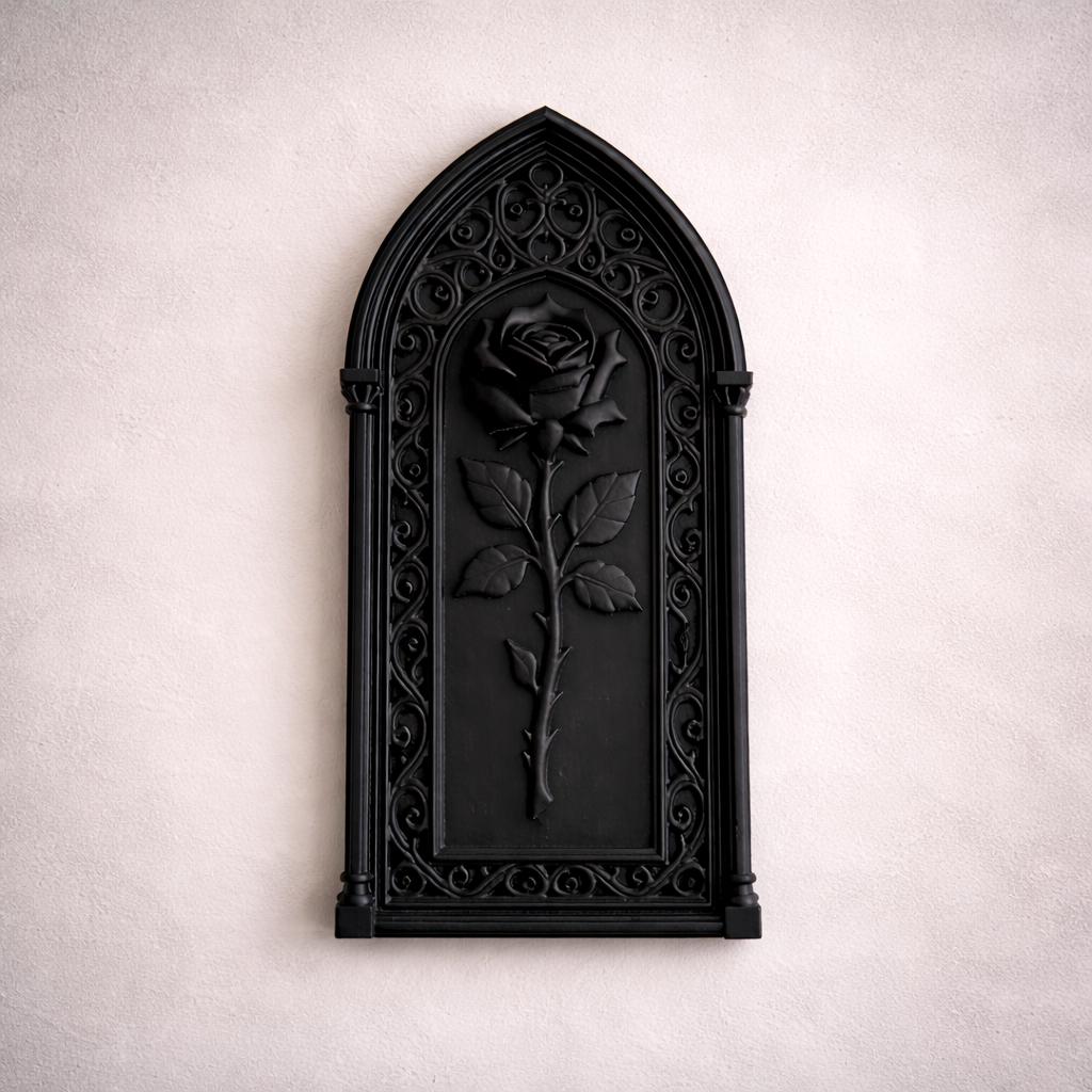Black Gothic rose wall plaque in a pointed cathedral arch — image 2 of 3