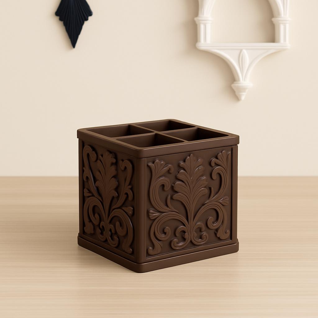 Baroque Floral Makeup Brush Holder – Brown Vanity Organizer, Pen & Pencil Caddy, Vintage-Inspired Bathroom or Desk Decor, product image 2