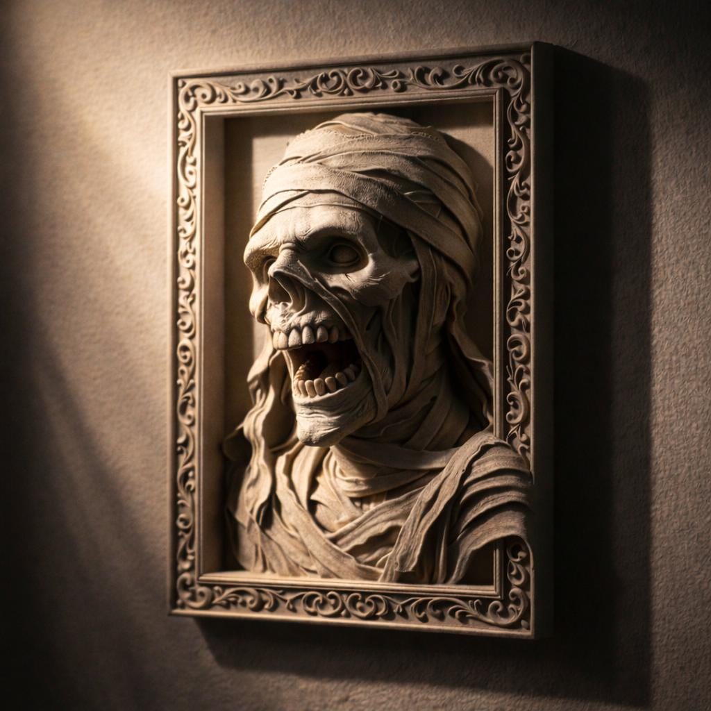 Mummy Skull Wall Plaque Egyptian Horror Wall Art Wrapped Mummy Relief Macabre Skeleton Decor Spooky Halloween Wall Hanging Gothic Frame Art